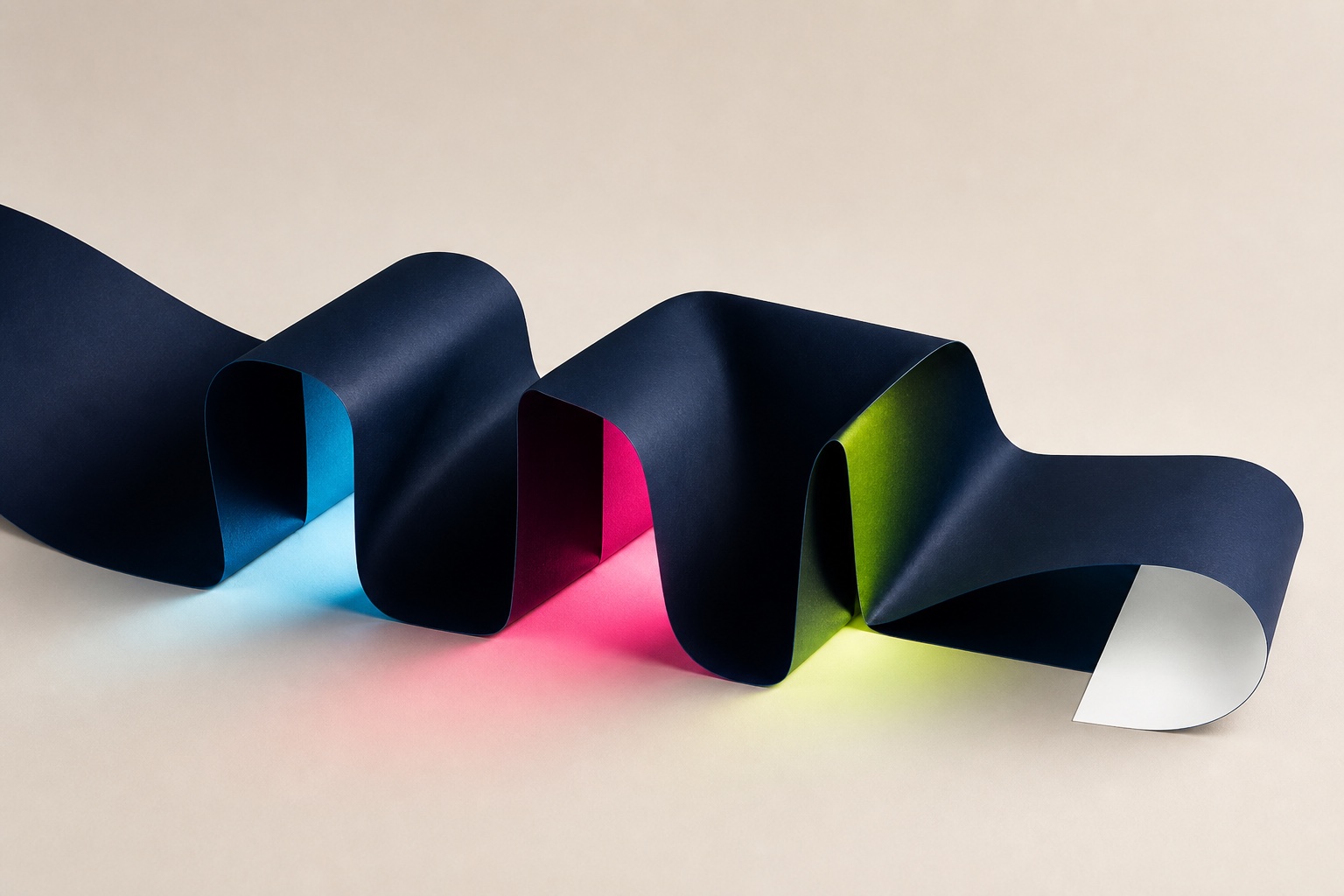 Ein gefaltetes dunkles Papierband durchläuft farbig beleuchtete Transformationsstufen
