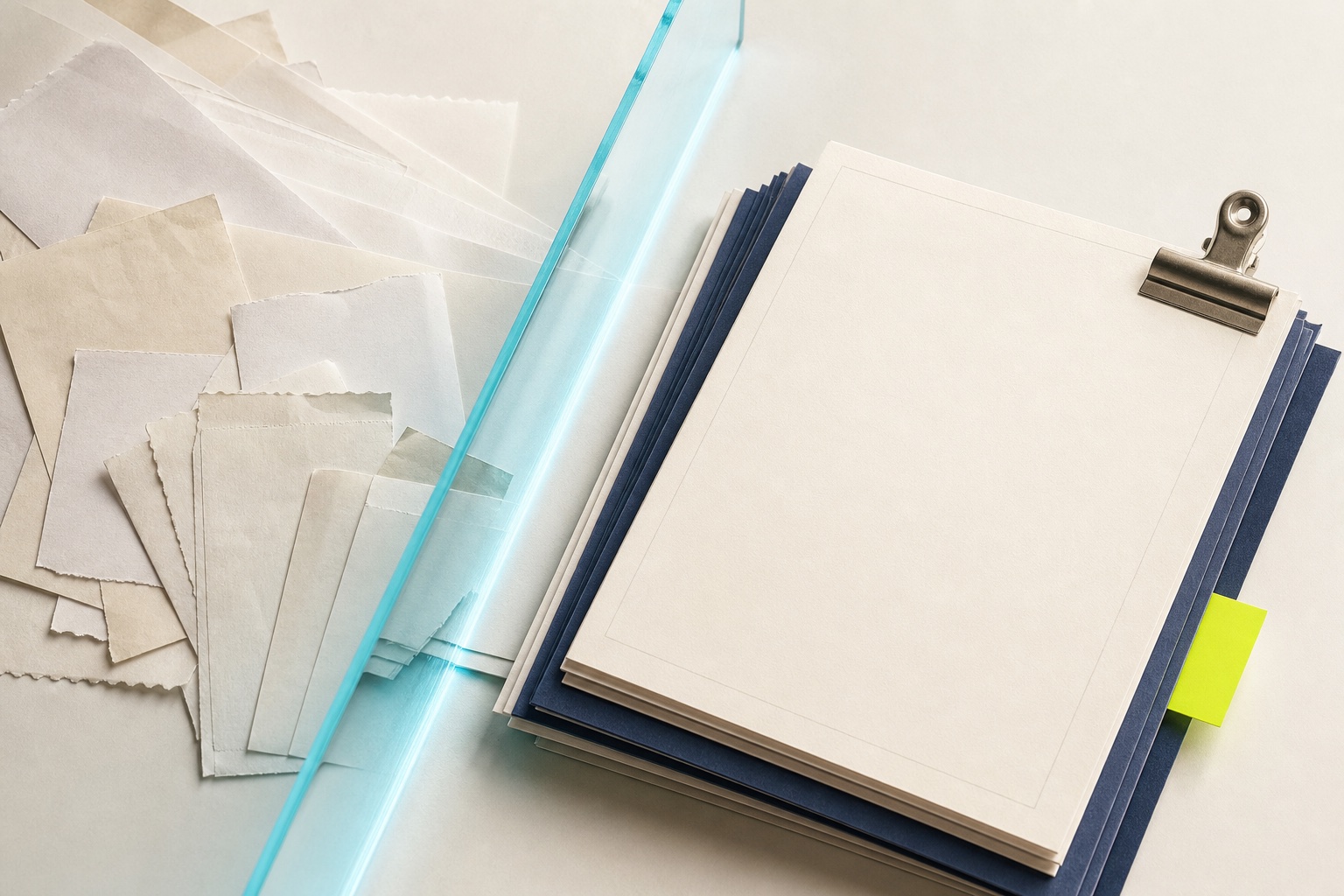 Ungeordnete Papierbelege werden hinter einer transparenten Scanebene zu einer strukturierten Ablage
