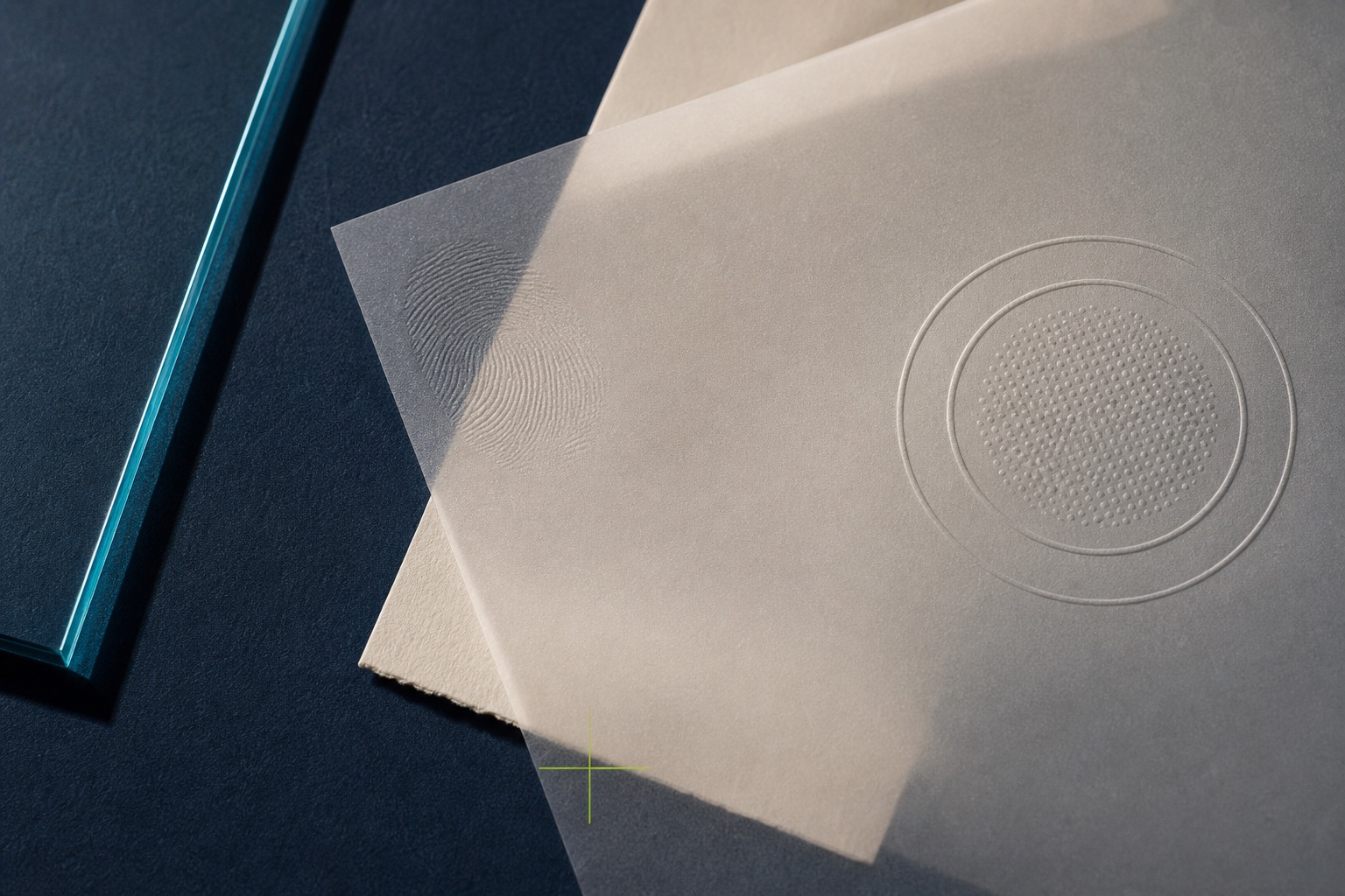 Transparente Papierschichten mit Prägung und Fingerabdruck als Sinnbild für Urheberschaft und Nutzungsrechte